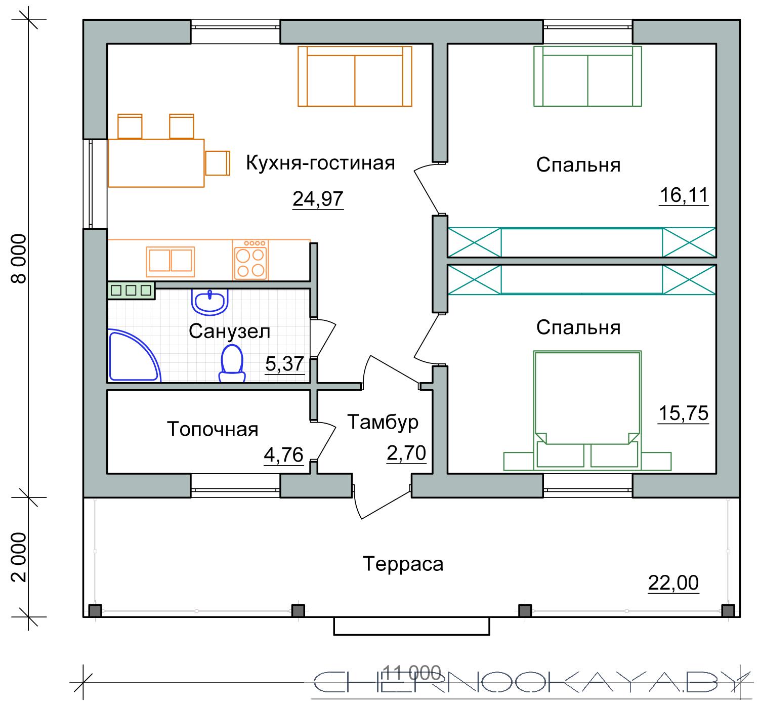 Проект дома 60 кв.м одноэтажный с 2 спальнями