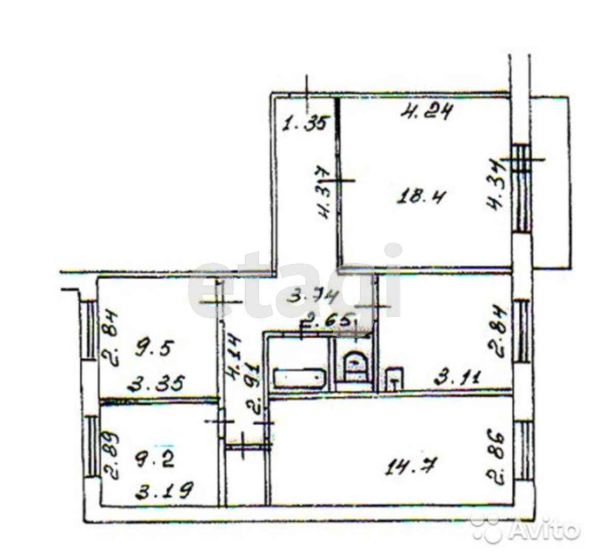 План 4-х комнатной квартиры в панельном доме 9 этажей