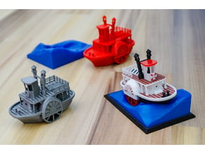 Old paddle-wheel steam boat with display stand (visual benchy)