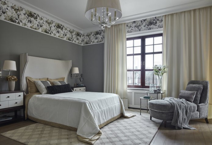 интерьер спальни с однотонными стенами и цветочной окантовкой из обоев