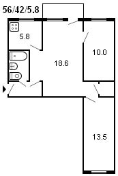 планировка 3-комнатной хрущевки серии 434 1958 г.