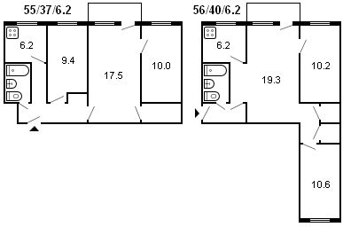 планировка 3-комнатной хрущевки серии 434 1960 г.