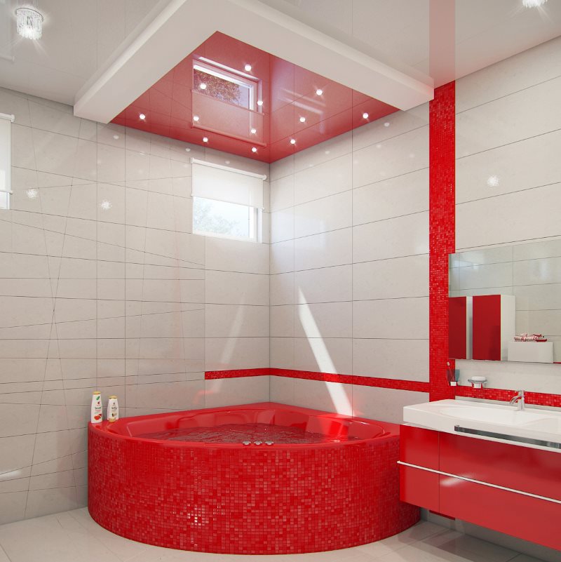 Красная мозаика в ванной комнате с белой плиткой