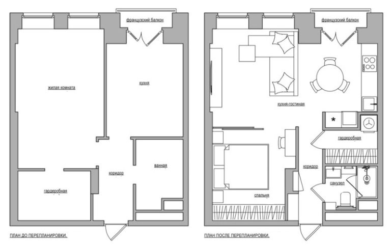 Схема переделки однокомнатной квартиры 45 кв м в двухкомнатную