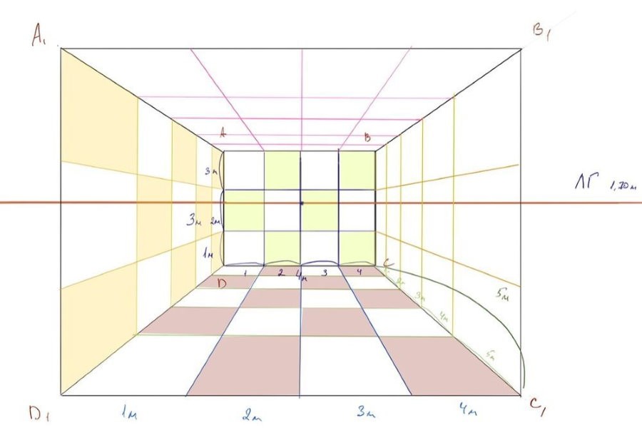 Эскиз комнаты в перспективе с масштабными квадратами