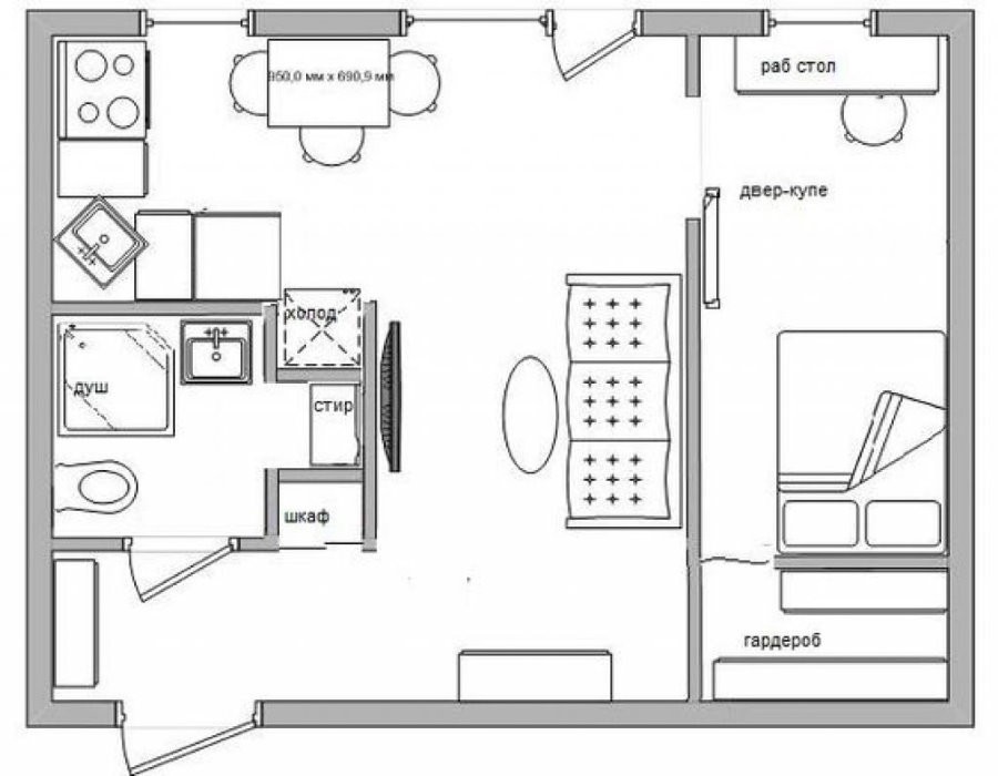 План 2-х комнатной хрущевки после объединения кухни с гостиной