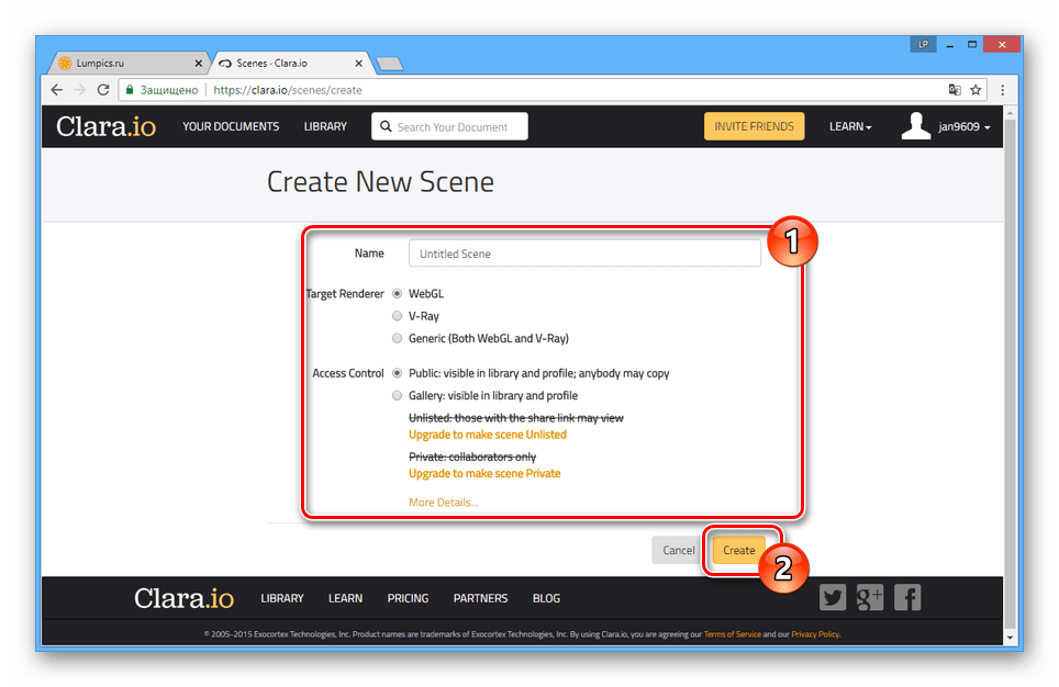 Процесс создания новой сцены на сайте Clara.io