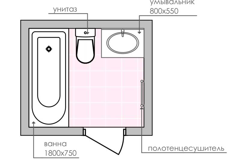 Планировка ванной площадью 4 кв. м