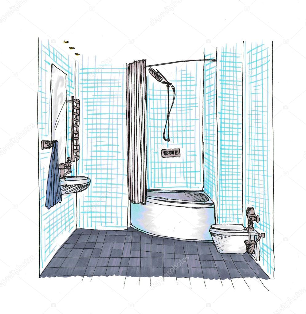 Наброски интерьера ванной комнаты с душевой