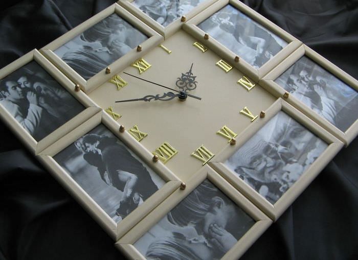 Декор настенных часов с помощью фото в рамках